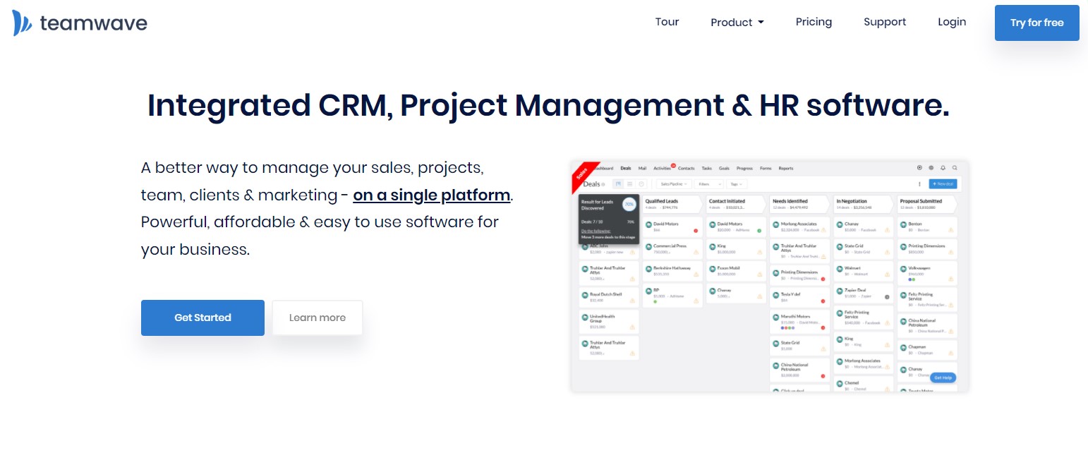 TeamWave is a fully integrated, cloud-based suite of enterprise applications designed to help small and medium-sized businesses manage customer relationships (CRM), projects, and human resources (HRMS).