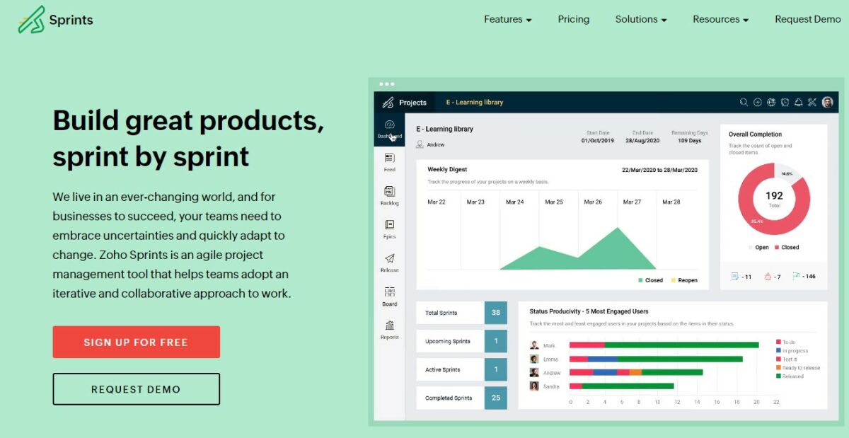 Zoho Sprints is Zoho's product roadmap tool, a cloud-based project management tool that helps you plan and develop products from start to finish focusing on your customer feedback.