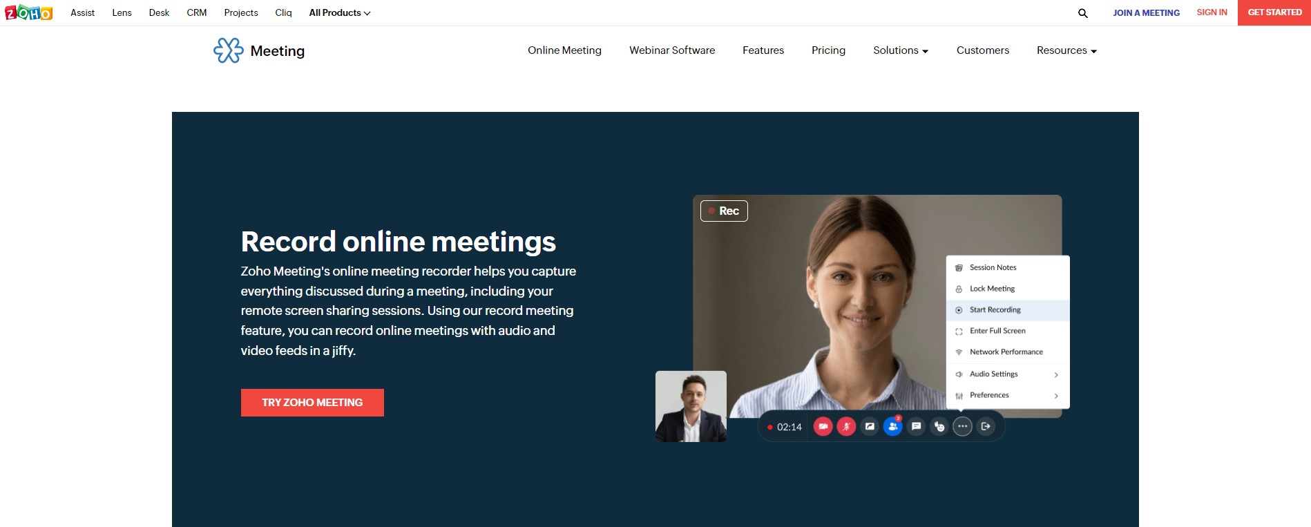 Zoho online screen recorder is a versatile web conferencing solution that helps you schedule and organizes records and online playback meetings.