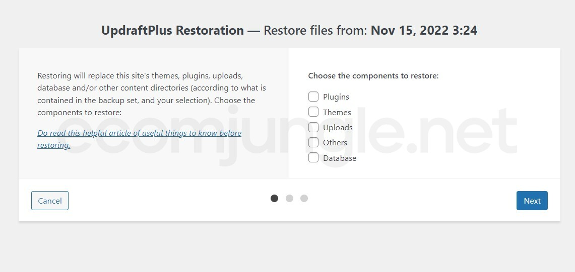 When you click restore, you will be directed to the UpdraftPlus Restoration page