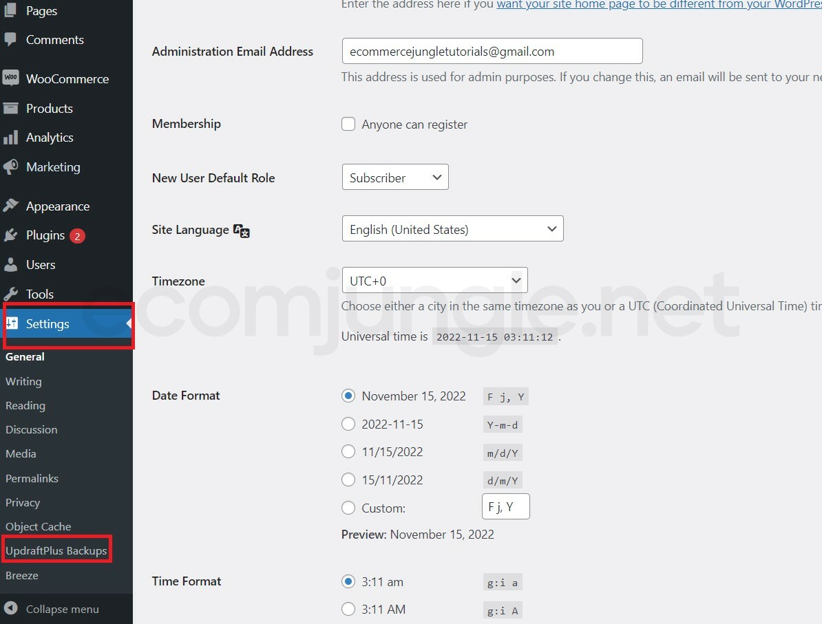 Next, click Settings from the admin sidebar, the sidebar will expand to display the Settings submenu