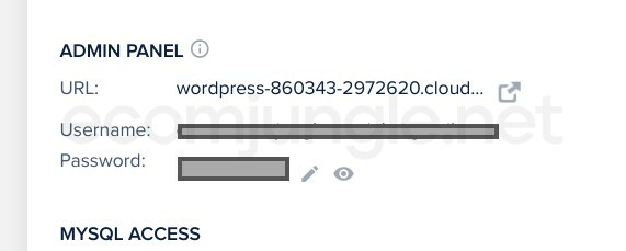When you click on the box and arrow next to the URL (in our example, it’s the wordpress-8600343-2972620.cloud… address), the WordPress login screen will open in another window