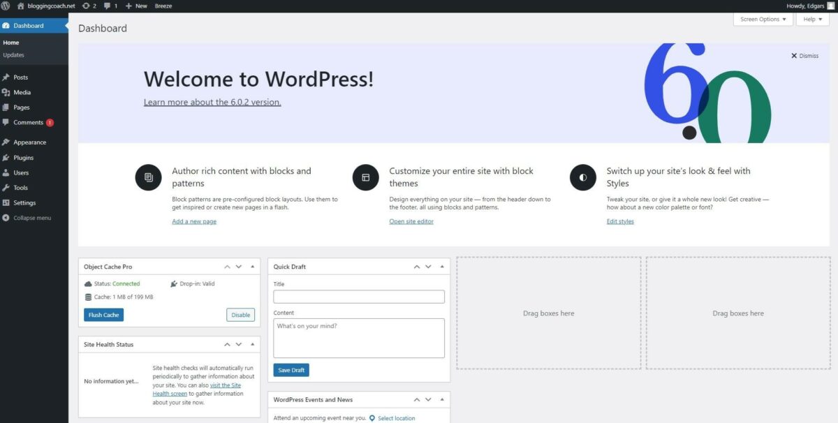 Once your WordPress credentials are verified, you are now on the WordPress dashboard