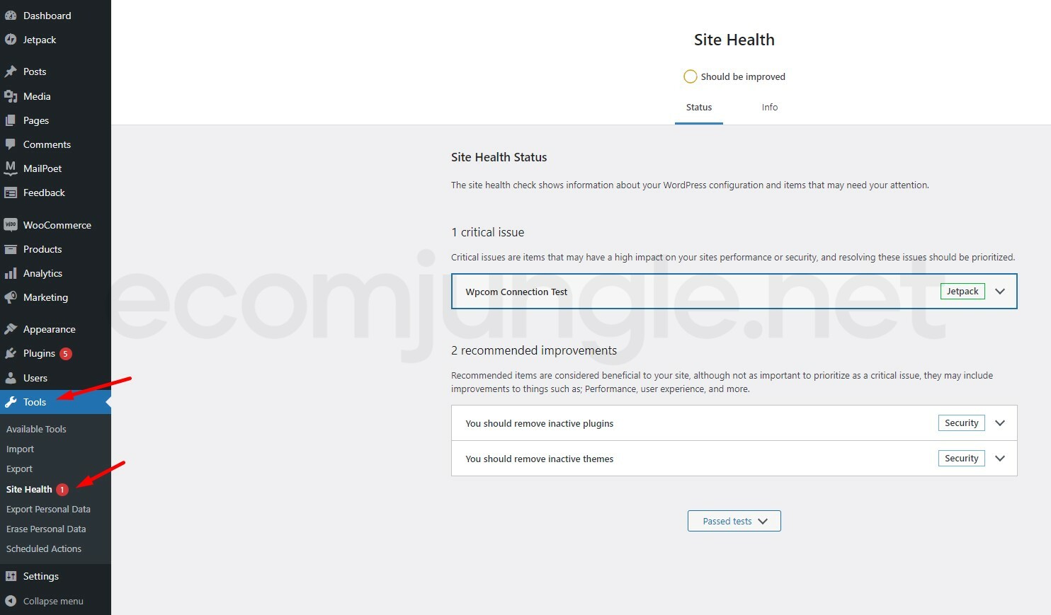 Site Health – View the Site Health summary provided by WordPress and check any recommended improvements to make your site run more smoothly and safely