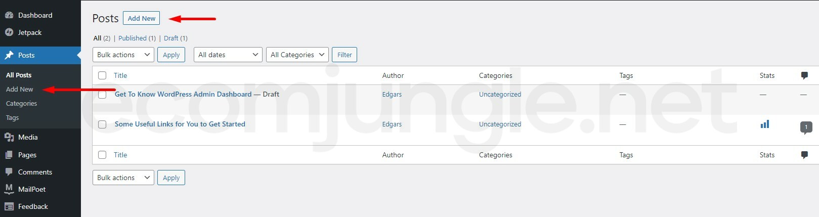 You can click Add New from the navigation menu or click the Add New button on the All Posts page to create a new post