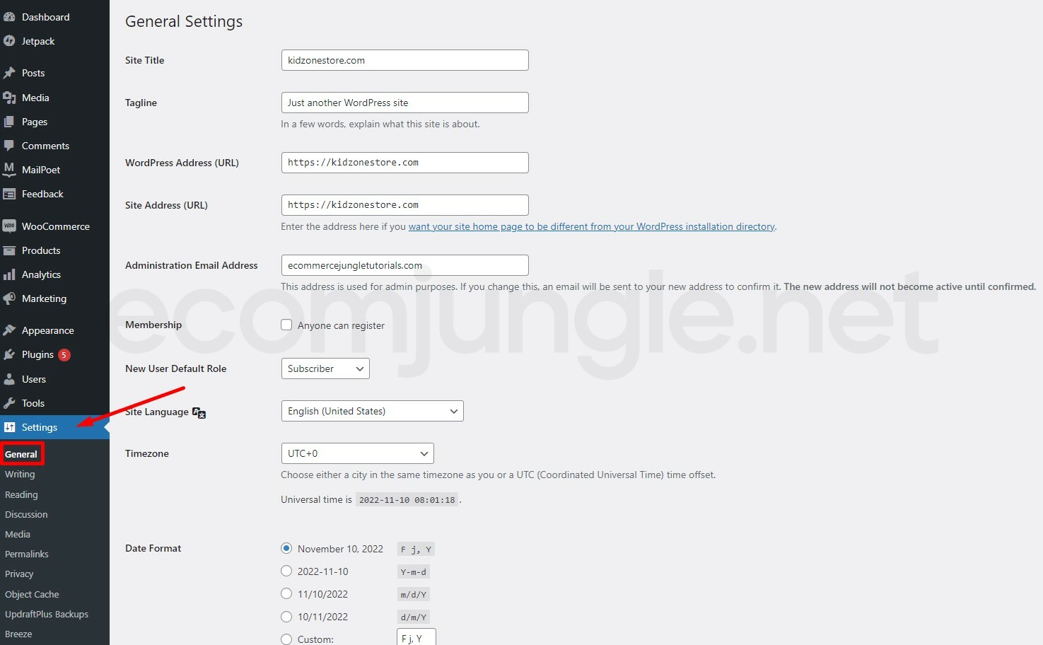 General Settings – You can change your Site Title, Tagline, Administrator Address, Timezone, Date Format, and more
