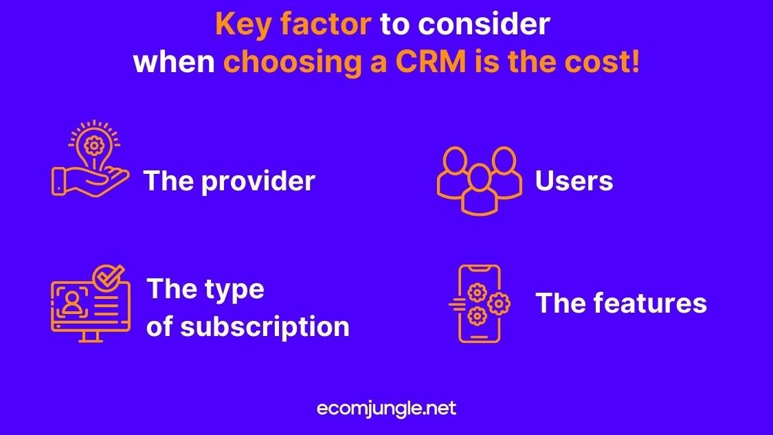 Choose CRM by looking on this costs - users, the provider, features and type of subscription.