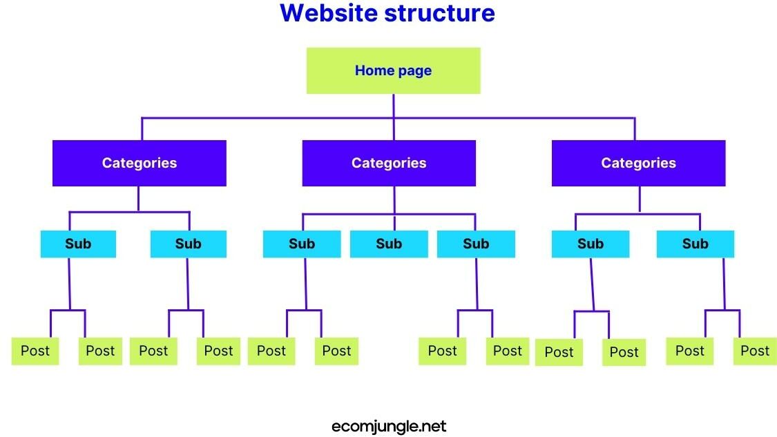 Website structure starts with the main page or homepage, followed by different levels such as categories and subcategories. The structure may vary depending on the complexity of the website and the amount of information.
